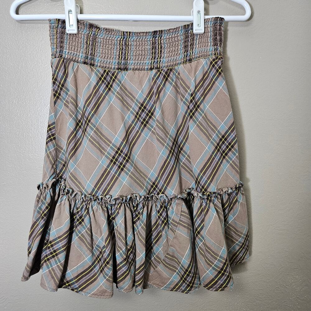 Vintage Y2K Old Navy Plaid Smocked Waist Ruffle Tiered Mini Skirt XS Indie Punk